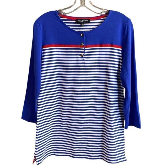 JONES NEW YORK Ladies Nautical Stripes Pullover Top Size Large Blue White Red - Picture 1 of 7